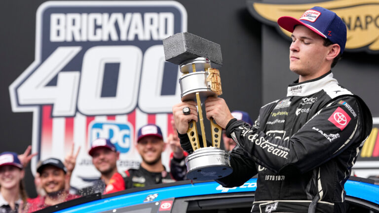 Heim executes daring pass on final restart, holds on for historic Brickyard 400 win