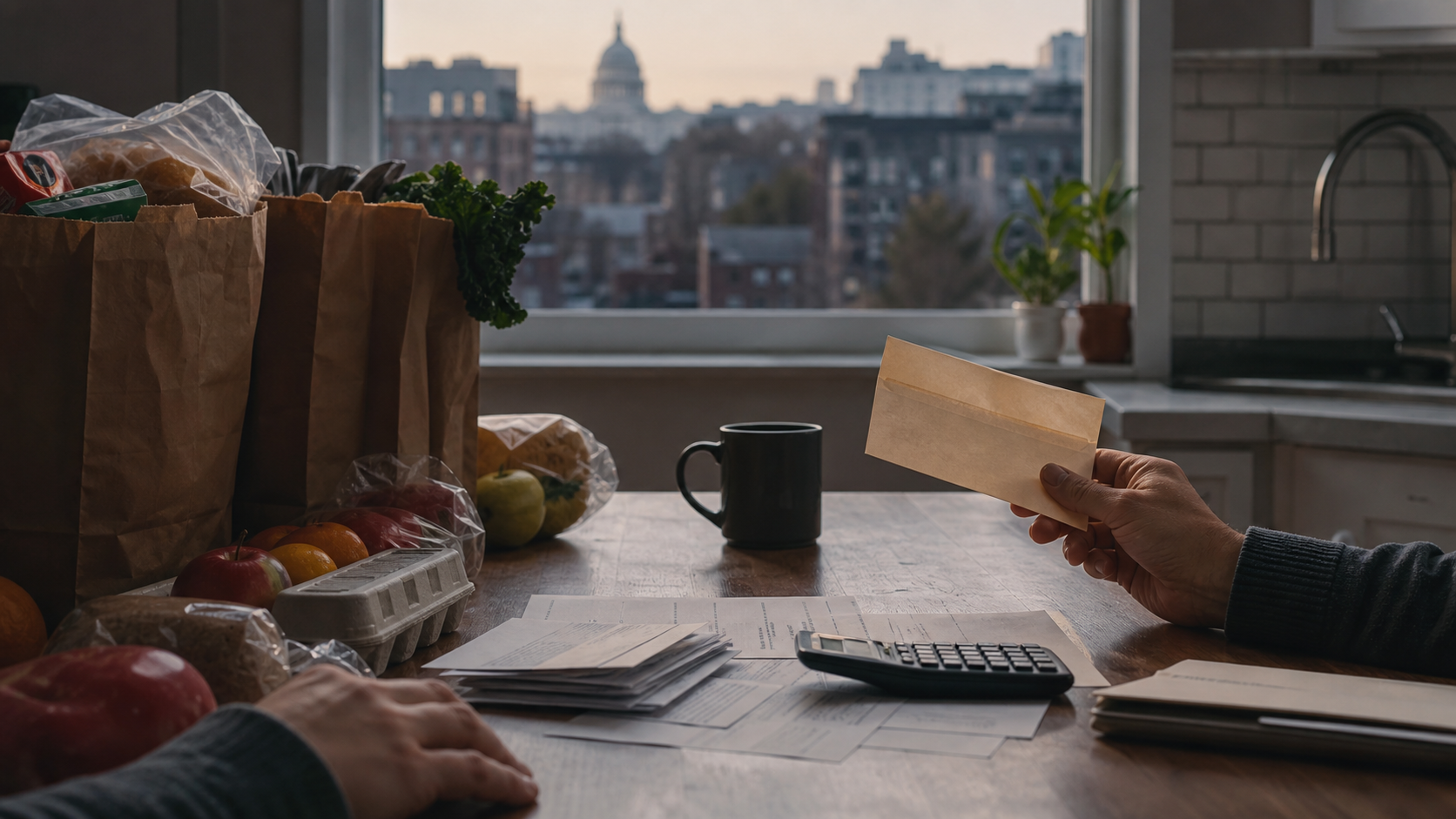 American household reviewing groceries, bills, and a paycheck as inflation slows