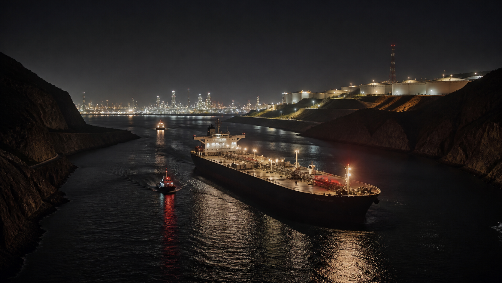 Oil tanker moving through a narrow maritime chokepoint near illuminated energy infrastructure at night