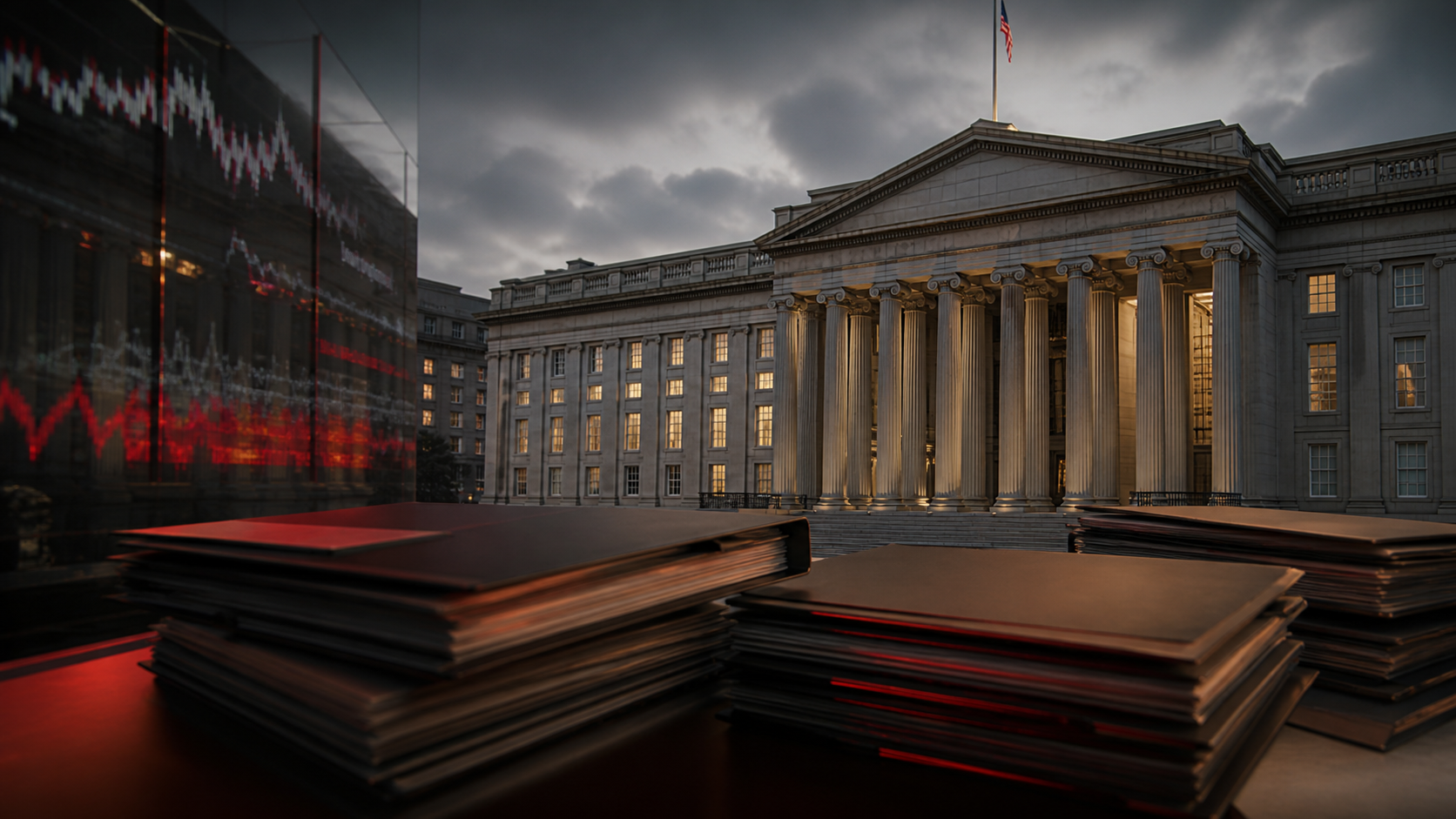 United States Treasury building at dusk with blank fiscal ledgers and abstract market displays