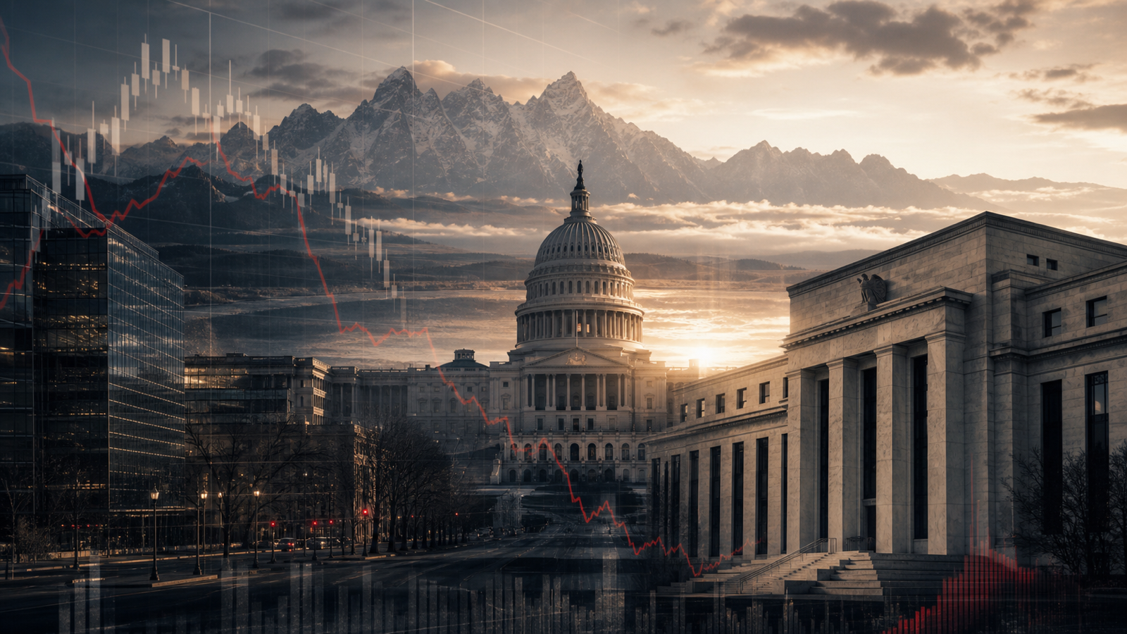Washington economic institutions and the Teton mountains under an analytical market overlay at dawn
