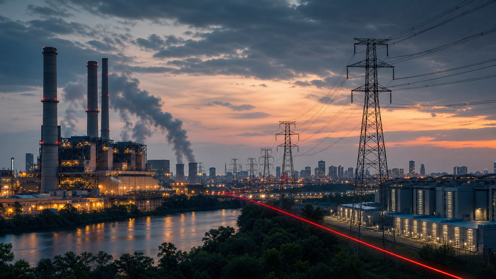 Mid-Atlantic power station, transmission network, city demand, and data-center load connected at dusk
