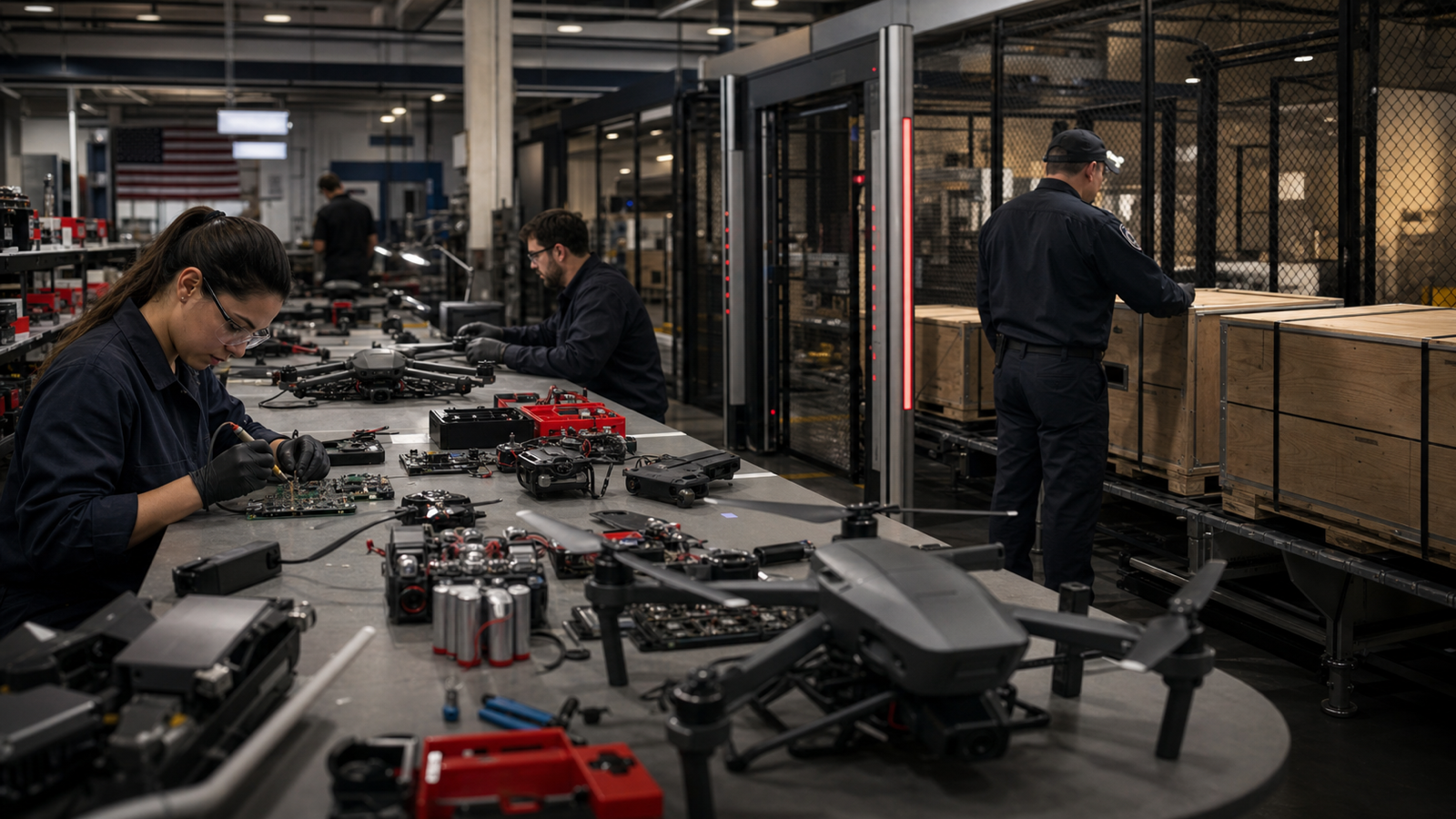 American technicians assemble secure commercial drones beside imported component crates at an industrial inspection checkpoint