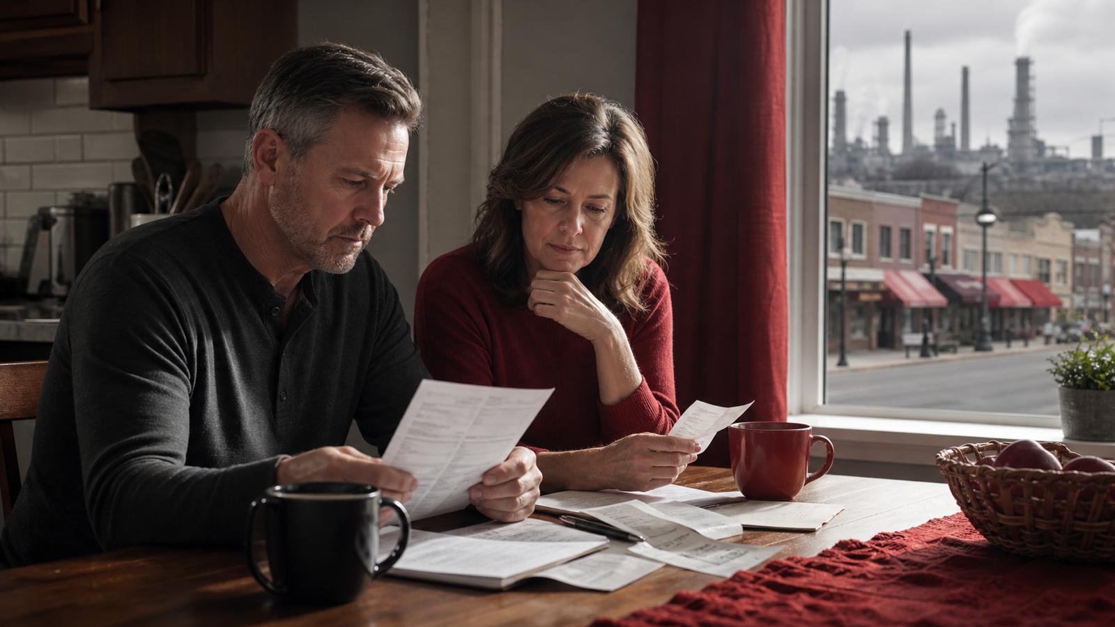 Middle-aged American couple reviewing household bills at a kitchen table with Main Street and industry beyond the window
