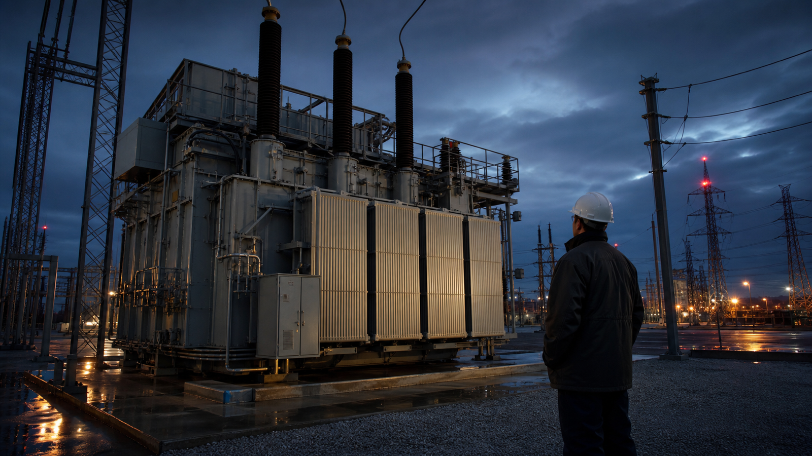 American grid engineer inspecting a large power transformer at a secure high-voltage substation at blue hour