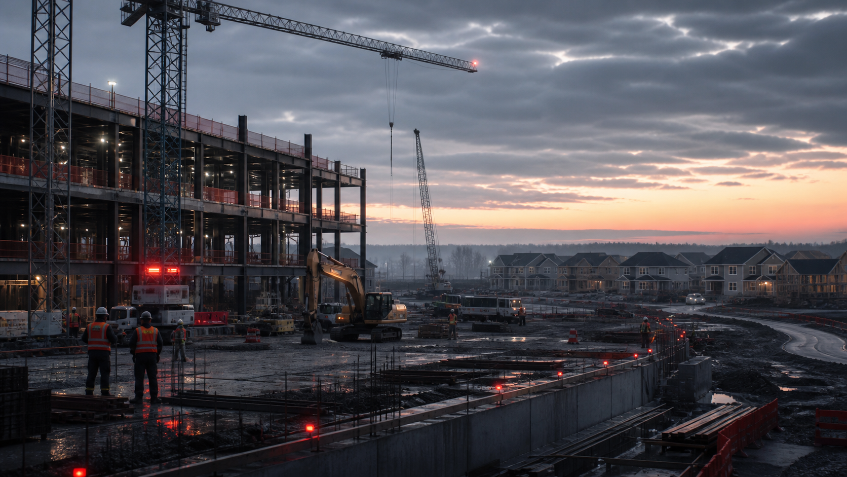 American commercial and residential construction sites illustrating slower building activity