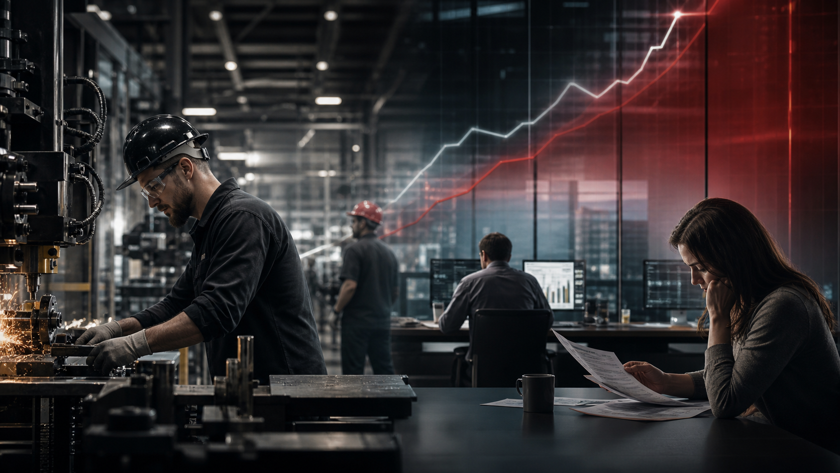 American manufacturing and office workers illustrating rising productivity and pressure on real pay