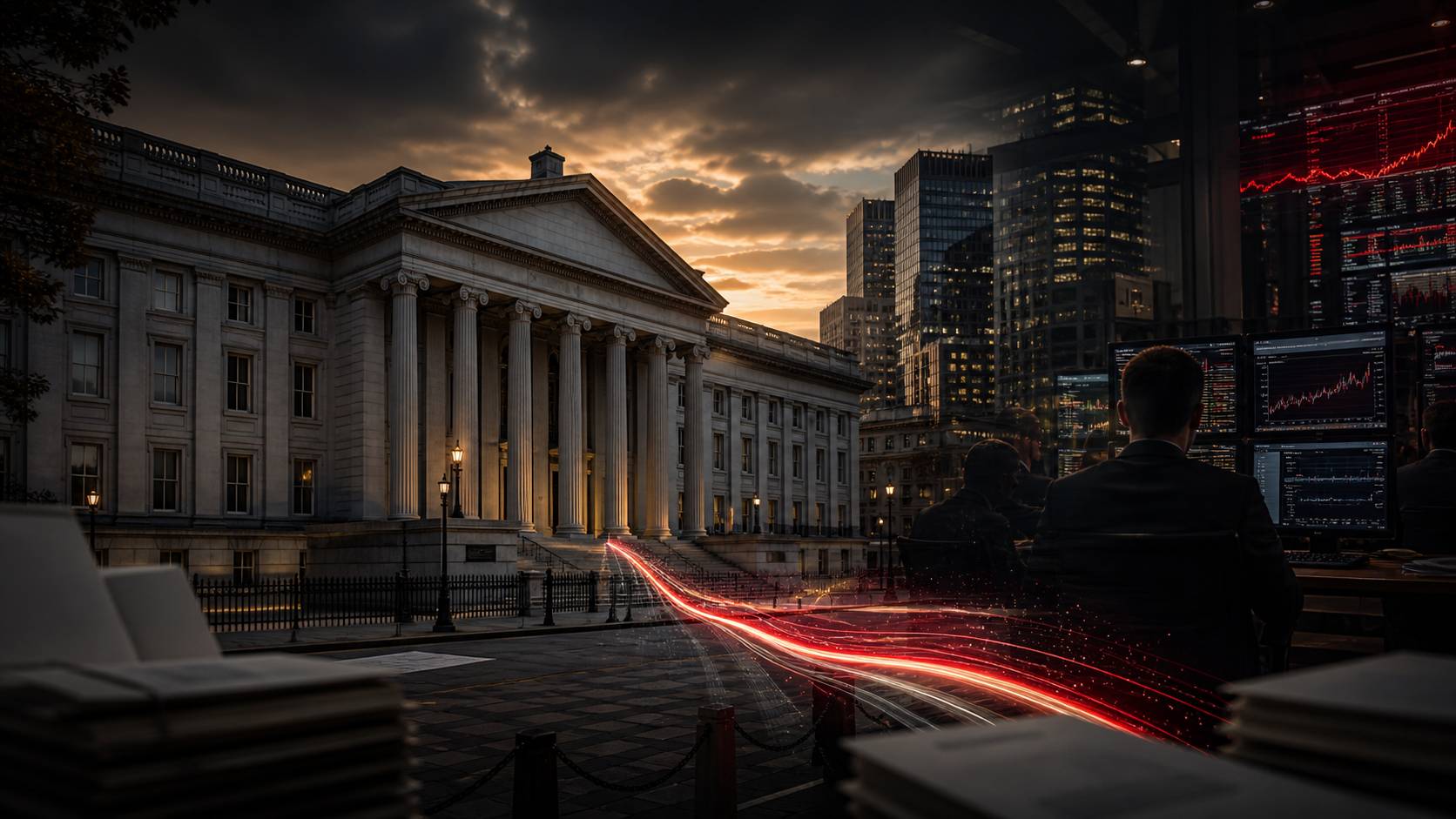 U.S. Treasury building and bond-market trading activity illustrating federal borrowing and interest-rate pressure