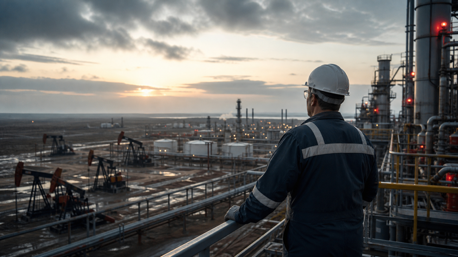American energy engineer surveying a vast heavy-oil production and refinery complex at dawn