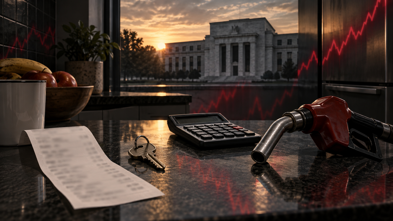 A blurred household receipt, house key, calculator and fuel nozzle on a dark counter with a neoclassical central bank building in the background.