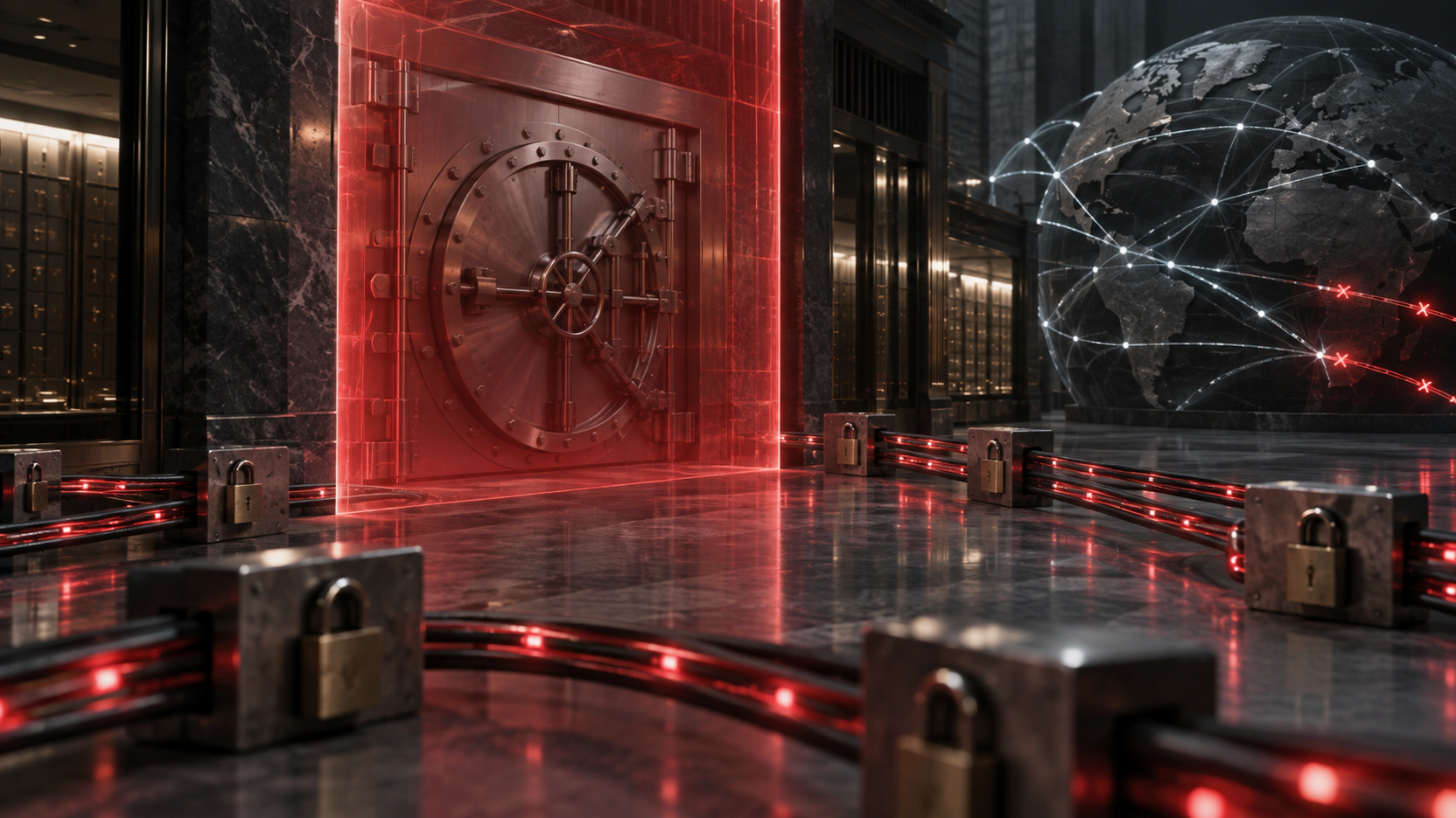 A steel bank vault isolated behind a red compliance barrier while locked global payment lines surround it.