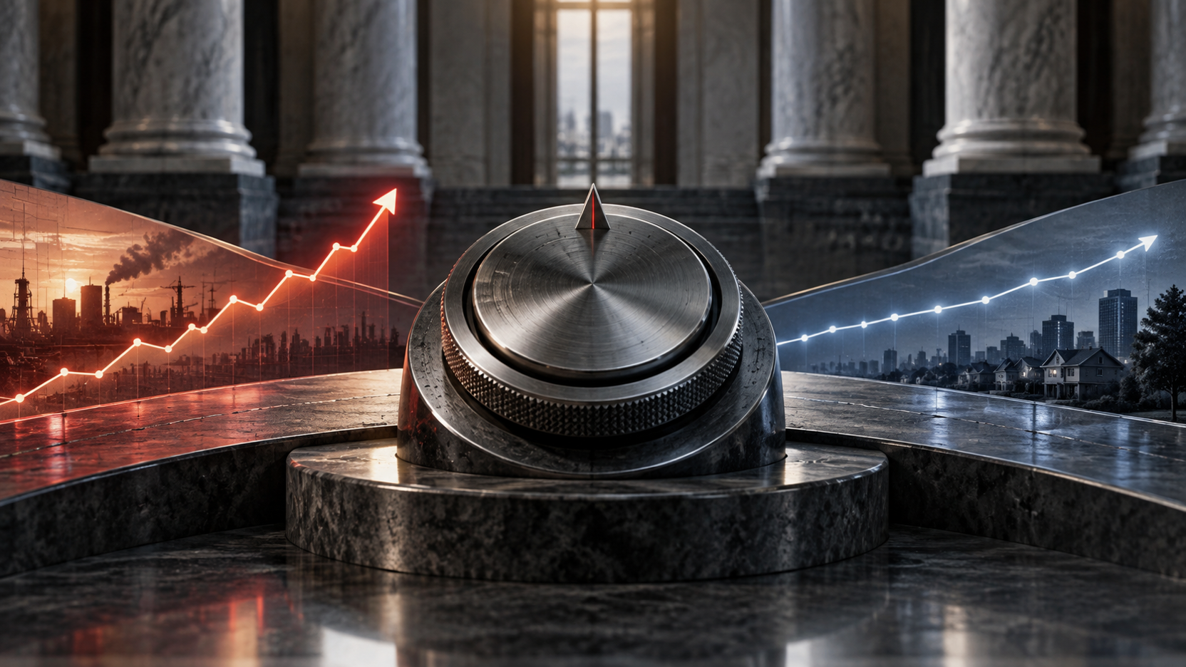 A steel interest-rate dial between rising inflation and steady growth paths inside a sober Washington policy setting.