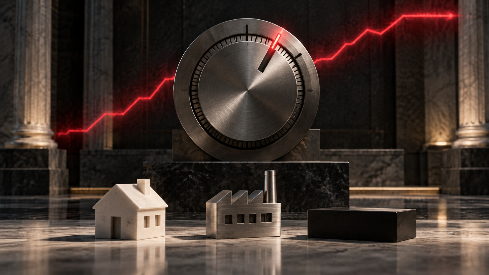 A steel interest-rate dial above symbolic household and factory models as a red policy path rises.